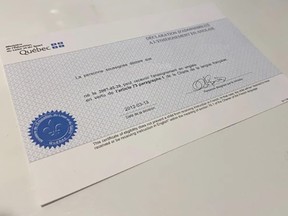 Blue certificate with Quebec government logo