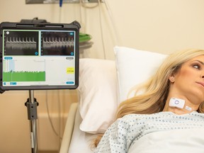 Placed around the patient's neck, the hands-free FloPatch continuously monitors blood flow in the carotid arteries, which provide a window into the left ventricle.  FloPatch then wirelessly transmits that data to a secure iOS mobile device, providing clinicians with actionable, real-time information at the bedside.  It is given